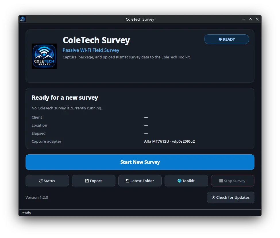 ColeTech Survey native Qt application showing the ready state, survey controls, detected Wi-Fi capture adapter, and Toolkit integration.