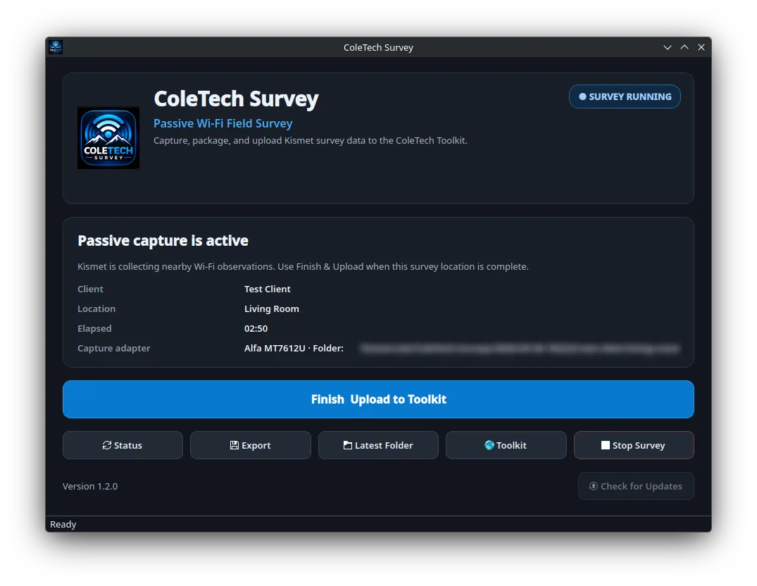 ColeTech Survey application actively running a passive Wi-Fi survey with test client data, elapsed time, and the detected Alfa capture adapter.
