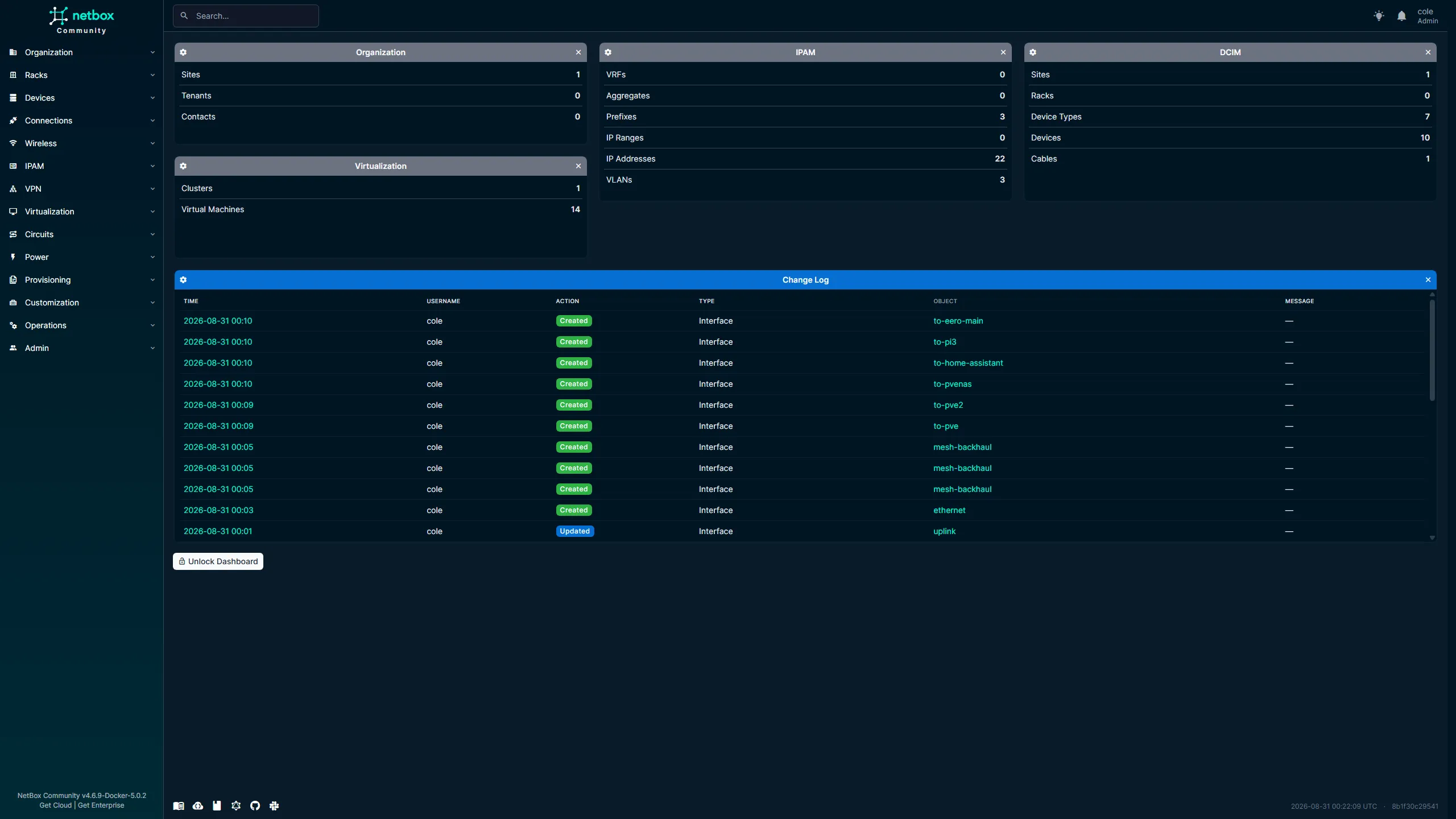 Customized NetBox dashboard showing populated DCIM, IPAM, virtualization, and recent infrastructure changes.