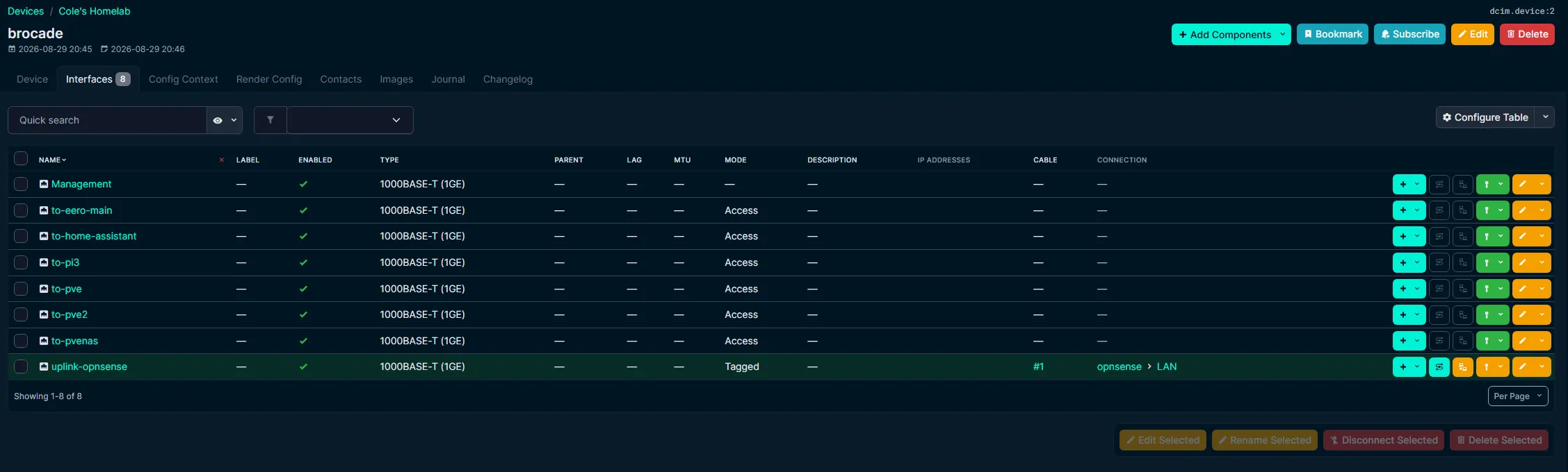 NetBox interface inventory for the managed Brocade switch showing documented server and infrastructure connections.